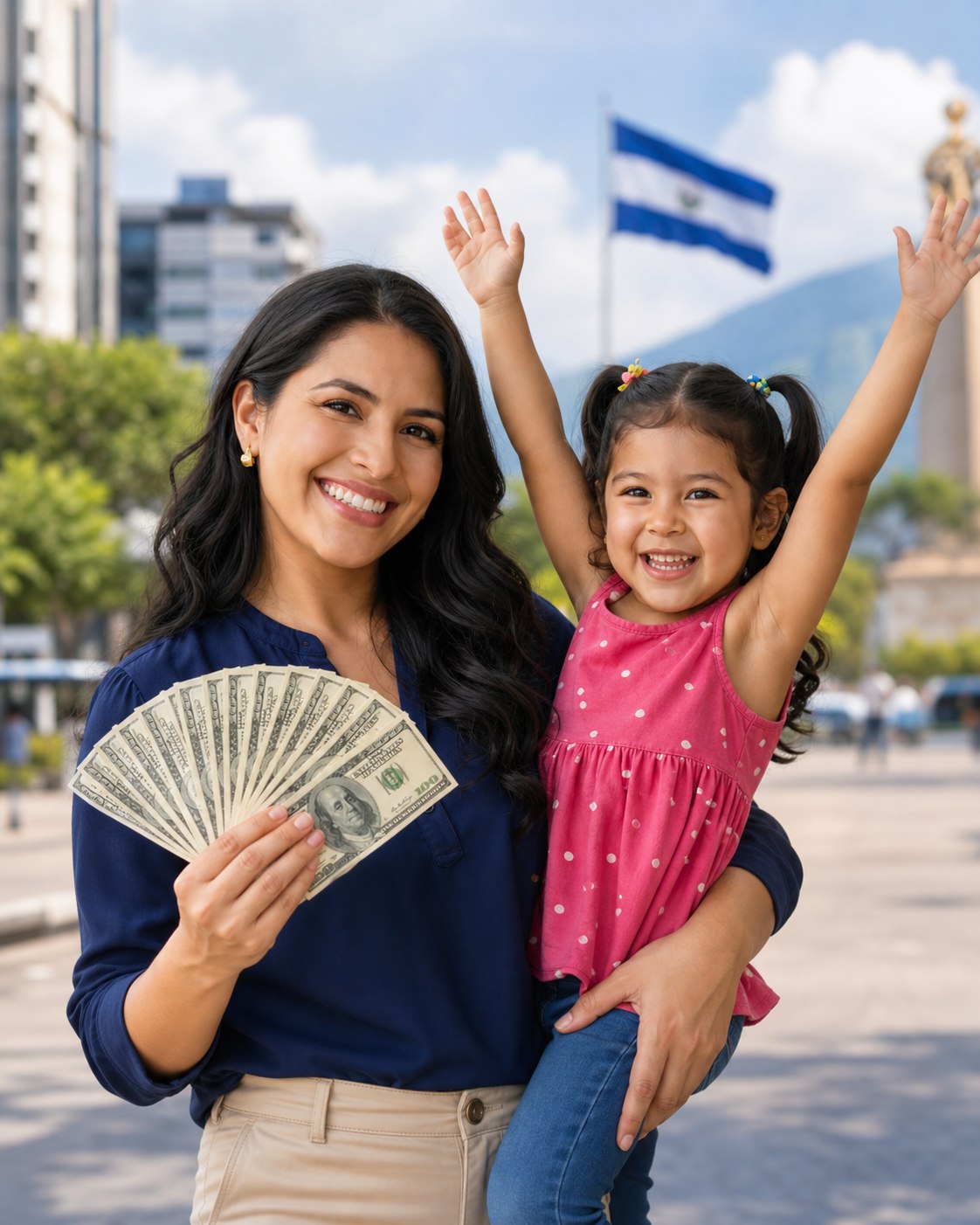 Madre con su hija celebrando mientras sostiene dinero