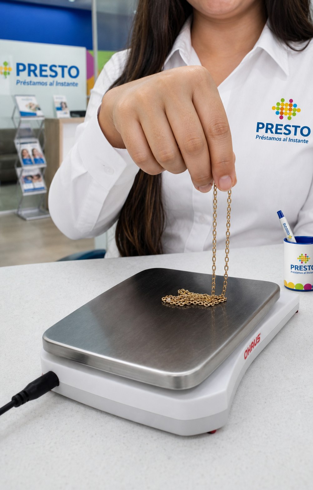 Asesora de Presto pesando una cadena de oro