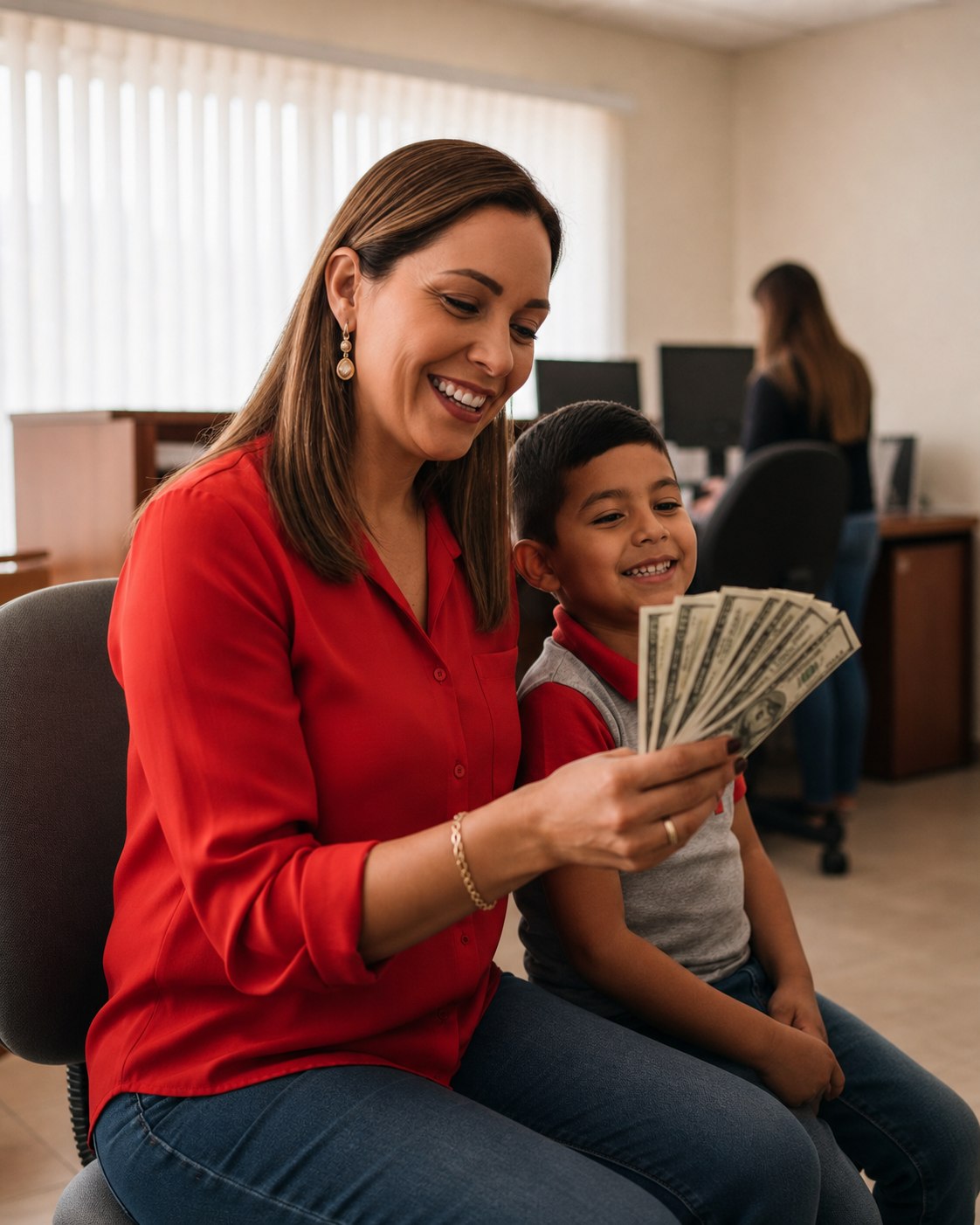 Madre con su hijo recibiendo dinero de su préstamo